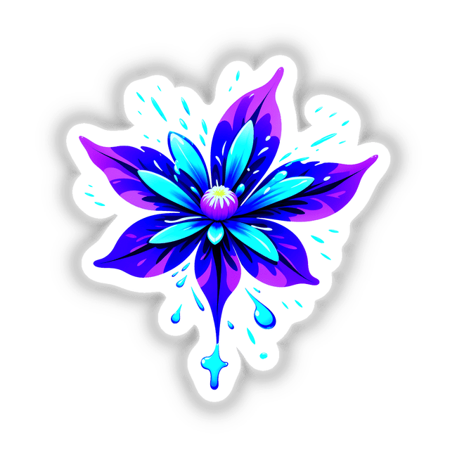 A vibrant artwork titled A Colorful Spring Flower depicting a detailed blue and purple flower, available as stickers or digital artwork from Decal Venue.