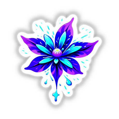 A vibrant artwork titled A Colorful Spring Flower depicting a detailed blue and purple flower, available as stickers or digital artwork from Decal Venue.