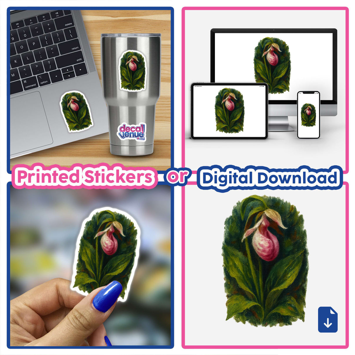Minnesota State Flower Sticker or Clipart with Commercial Rights features a Showy Lady’s Slipper design, available as both stickers and digital artwork, embodying Decal Venue's unique vinyl and digital art offerings.