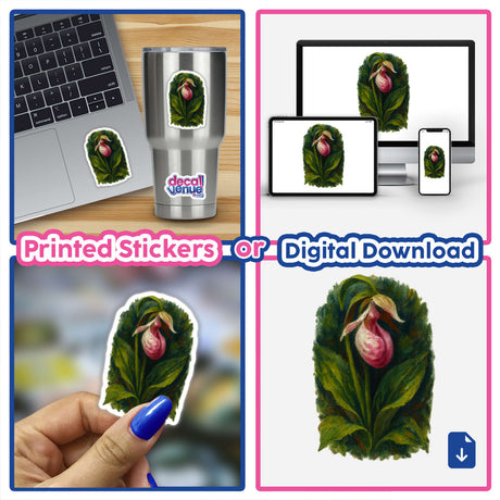 Minnesota State Flower Sticker or Clipart with Commercial Rights features a Showy Lady’s Slipper design, available as both stickers and digital artwork, embodying Decal Venue's unique vinyl and digital art offerings.