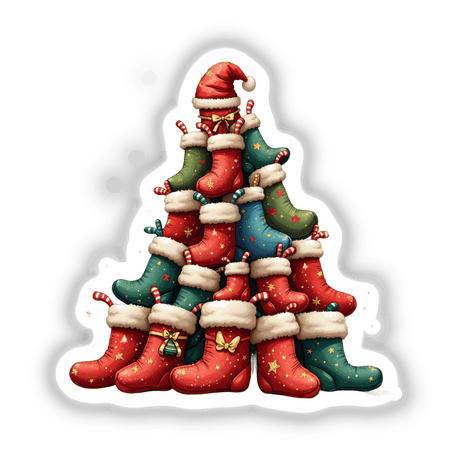 Christmas Stocking Stacked Pile featuring a vibrant assortment of stockings, available as unique stickers or digital artwork, capturing festive charm with intricate details.