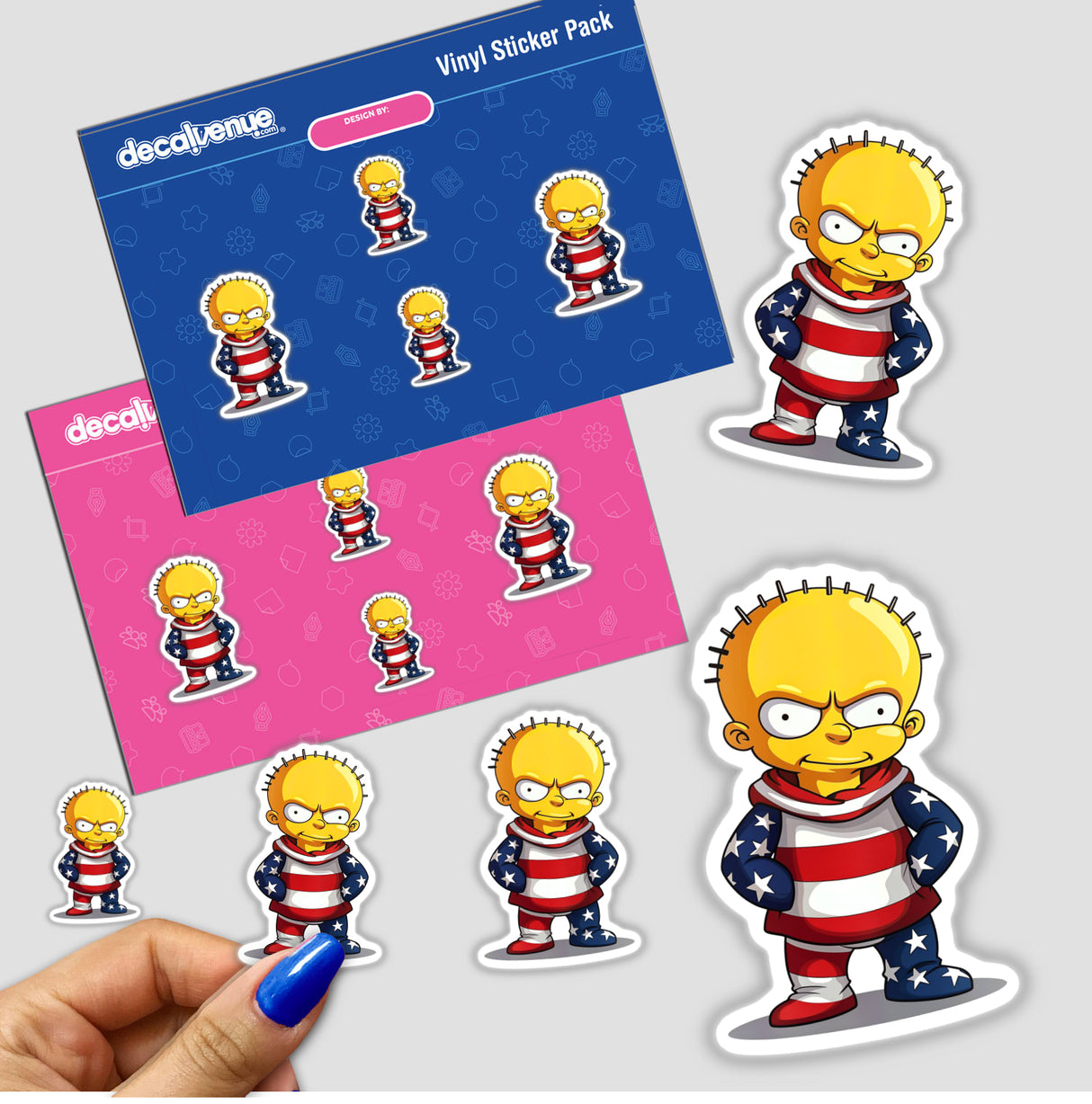 Funny Guy with American Flag Outfit stickers featuring cartoon characters, available as unique vinyl or digital art. Close-up shows a hand holding the stickers, emphasizing detailed cartoon expressions.