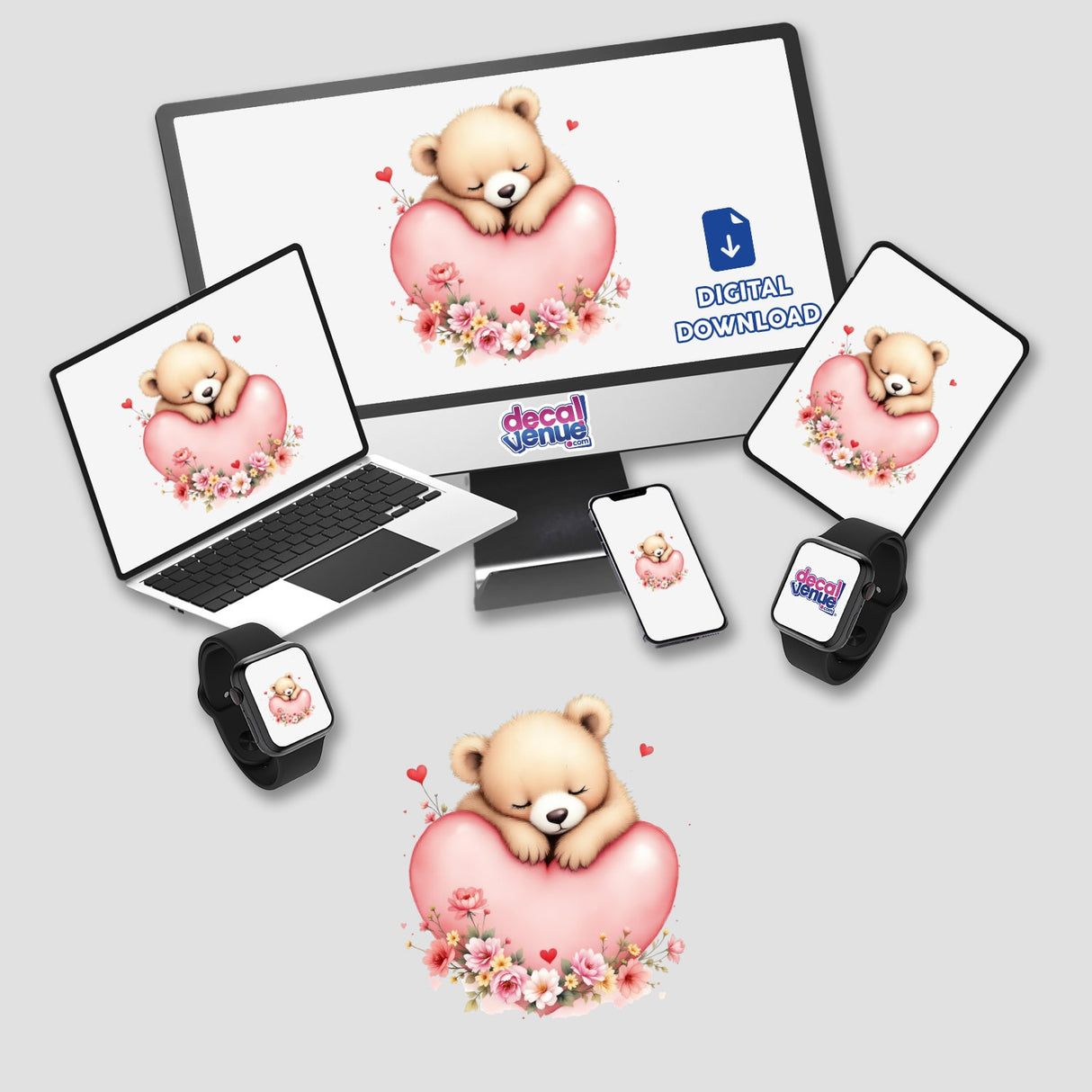 Sleepy Baby Bear with Valentine’s Heart depicted on various devices, featuring a sleepy bear cuddling a heart, available as stickers or digital art from Decal Venue.