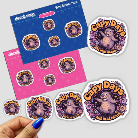 Capy Days Are Here Again Sticker or Clipart features whimsical capybara cartoon characters amidst flowers, ideal for enhancing stationery or digital projects with commercial rights. Available as stickers or digital artwork.