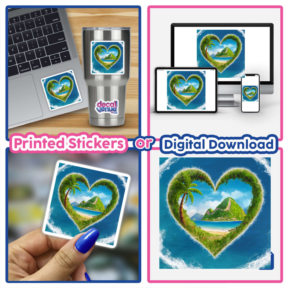 Tropical Heart Island - Digital artwork featuring a tropical landscape in the shape of a heart, showcased on various devices and products.