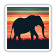 Elephant Silhouette with Vibrant Stripes: An elephant walking through grass at sunset, perfect as a sticker or digital artwork.