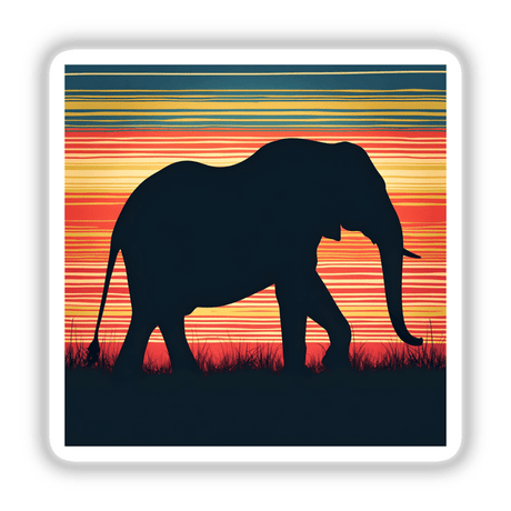 Elephant Silhouette with Vibrant Stripes: An elephant walking through grass at sunset, perfect as a sticker or digital artwork.