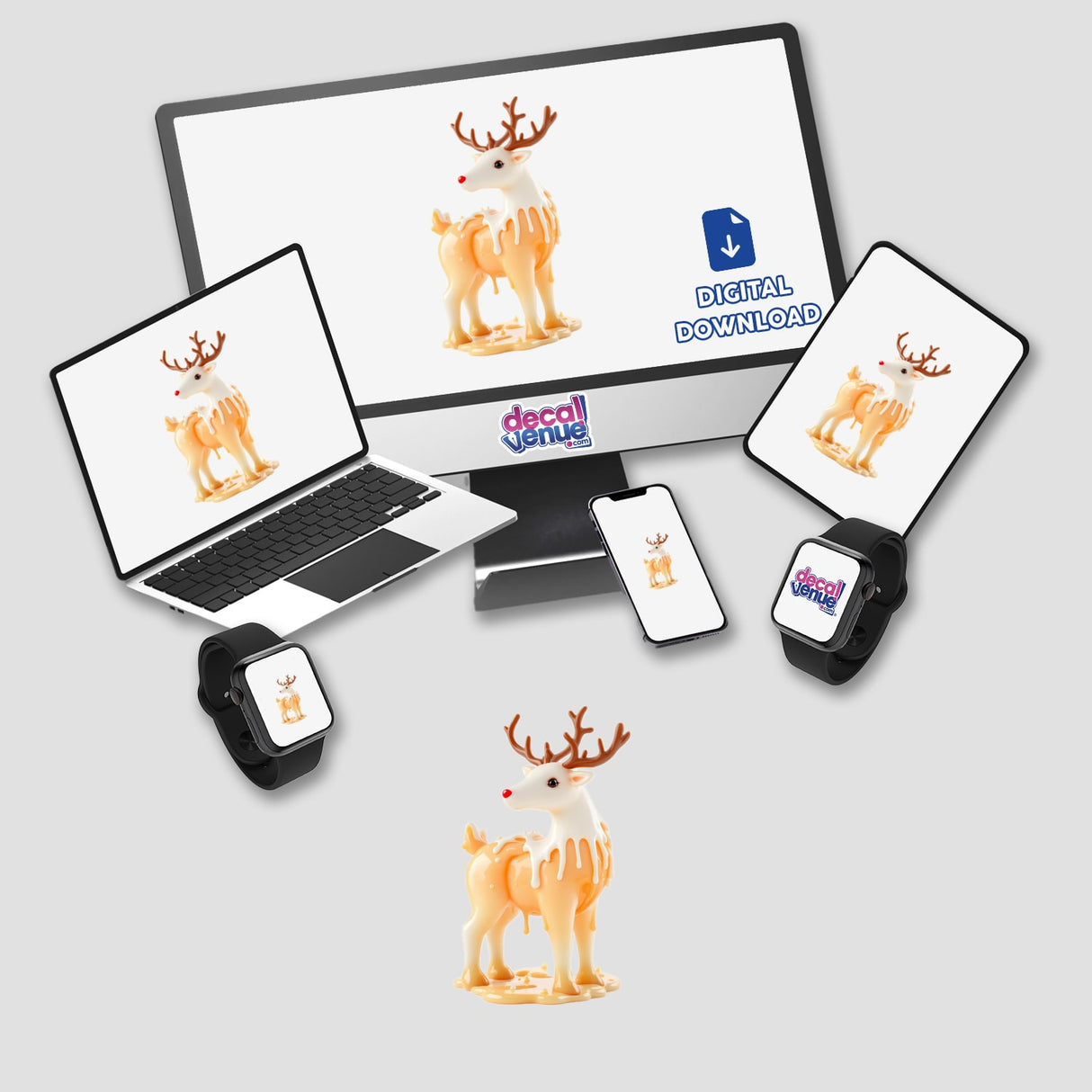 Reindeer Dripping Candle Wax design displayed on a computer monitor and laptop screen, available as stickers or digital artwork, showcasing a unique blend of illustration and digital imagery.