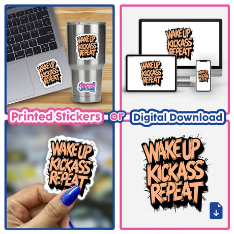 Collage showcasing Wake Up Kick Ass Repeat Funny Quote as a sticker on a laptop and held by a person, emphasizing its application as unique vinyl art from Decal Venue.