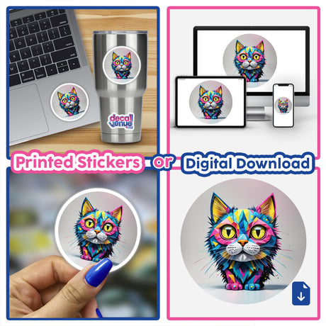 Cool Colorful Cat sticker displayed in a collage with laptops and other cat-themed items, showcasing its vibrant design. Available as a sticker or digital artwork from Decal Venue.