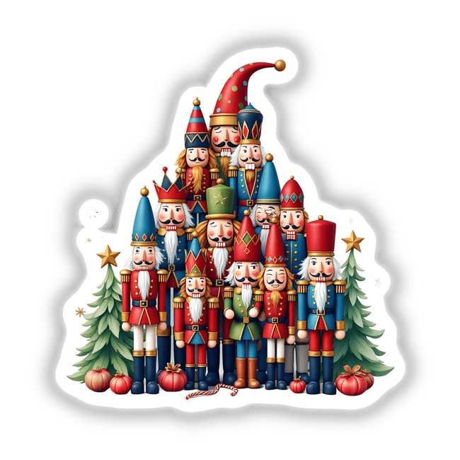 Nutcracker Dolls Pile Christmas Tree, featuring a group of toy soldiers and Christmas tree elements, available as stickers or digital artwork from Decal Venue's unique collection.