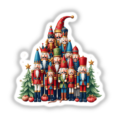 Nutcracker Dolls Pile Christmas Tree, featuring a group of toy soldiers and Christmas tree elements, available as stickers or digital artwork from Decal Venue's unique collection.