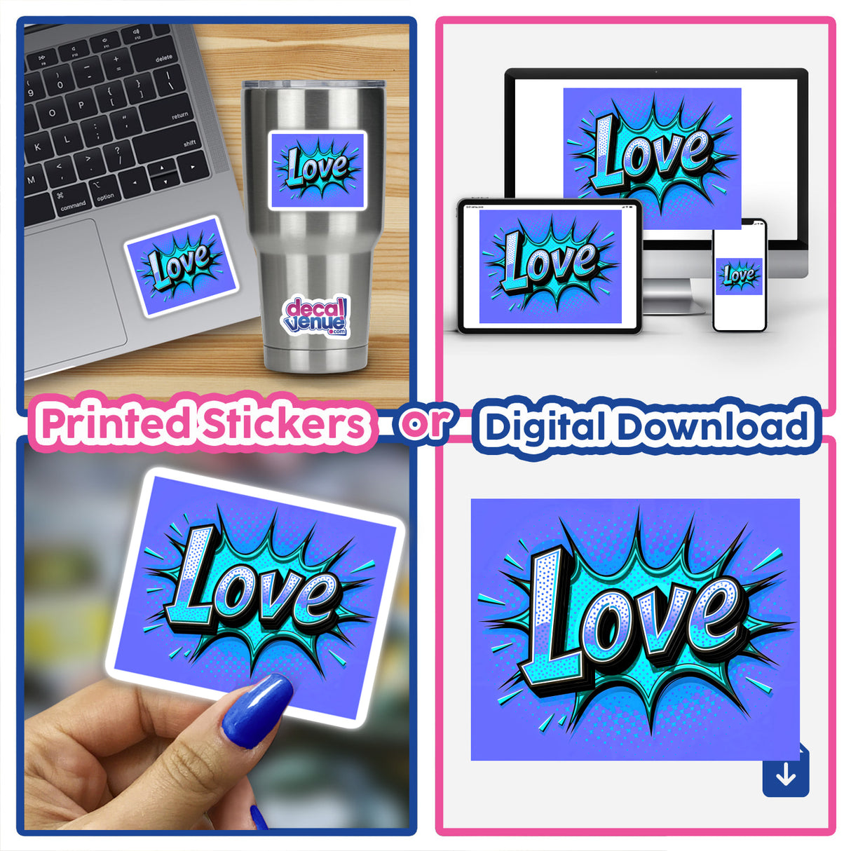 Collage featuring Love Valentine's Day sticker designs on laptops, highlighting unique digital artwork available as stickers, showcasing Decal Venue's creative product range.