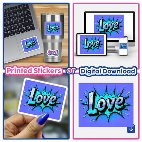 Collage featuring Love Valentine's Day sticker designs on laptops, highlighting unique digital artwork available as stickers, showcasing Decal Venue's creative product range.