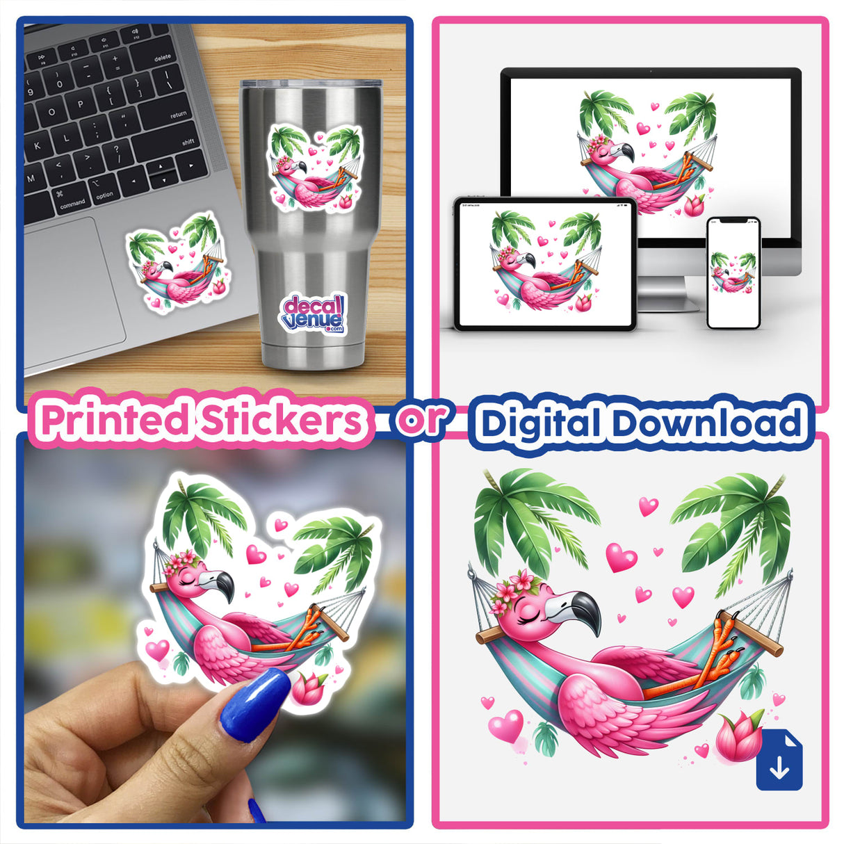 Flamingo Bird Floating on Hammock - Tropical digital artwork featuring a vibrant pink flamingo relaxing in a hammock surrounded by palm trees.