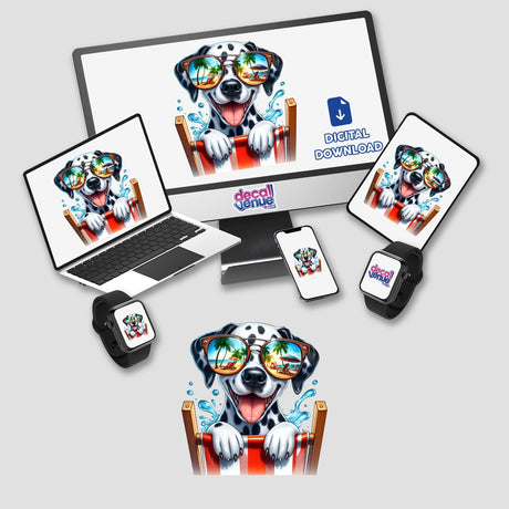 Happy Dalmatian Peeking from Beach Chair, depicted on a computer monitor and laptop, wearing sunglasses. Available as stickers or digital artwork from Decal Venue.
