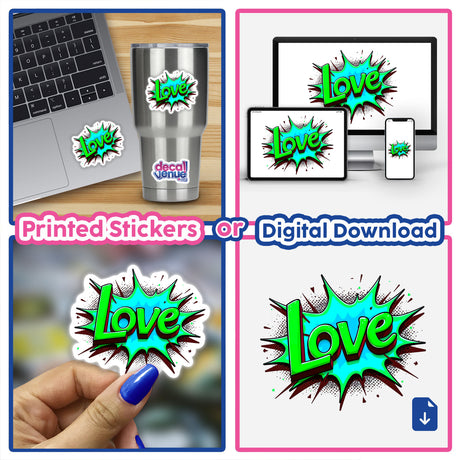 Collage featuring Love Valentine's Day stickers and digital artwork, highlighting a sticker on a laptop and a hand holding a sticker, embodying Decal Venue's unique sticker collection.