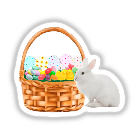 EASTER BASKET WITH WHITE BUNNY, JELLY BEANS, SPICE DROPS, PEEPS, CANDY EGGS, EASTER EGGS AND EASTER GRASS