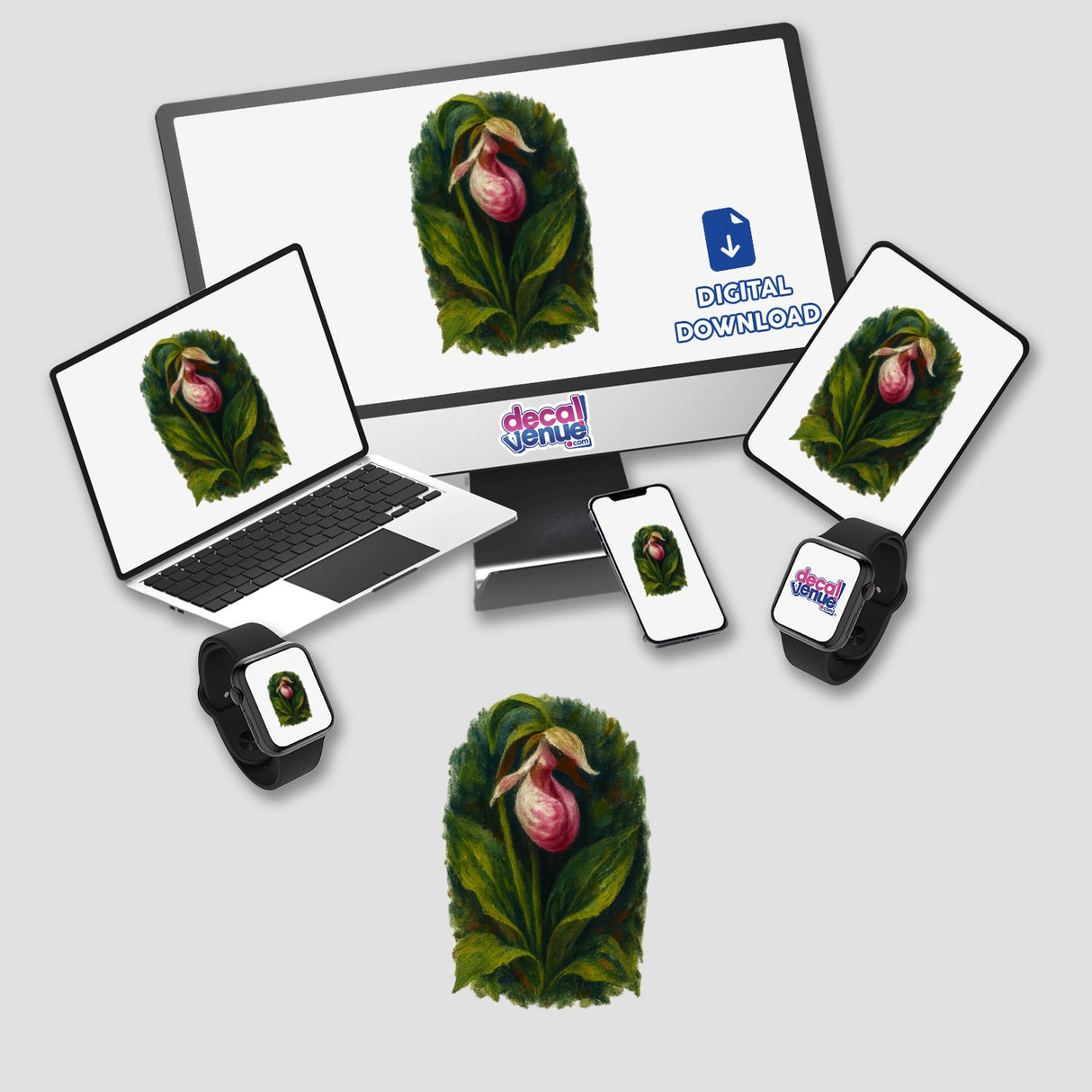 Minnesota State Flower Sticker or Clipart featuring a detailed Showy Lady’s Slipper design, available as a sticker or digital artwork with commercial rights, exemplifying Decal Venue's unique vinyl and digital art offerings.