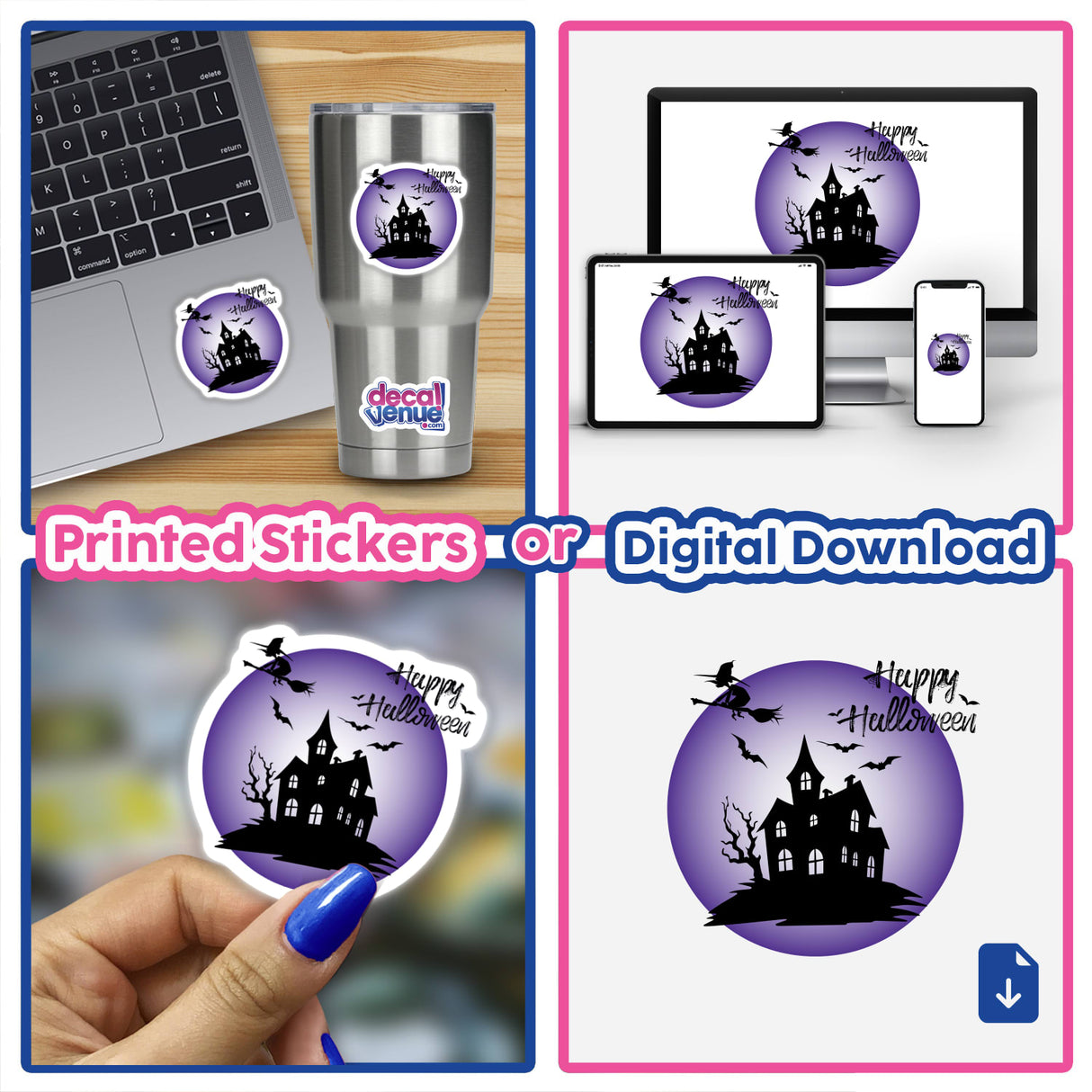 Happy Halloween sticker featuring a black silhouette of a house, bats, and a person flying on a broomstick, displayed on a laptop.