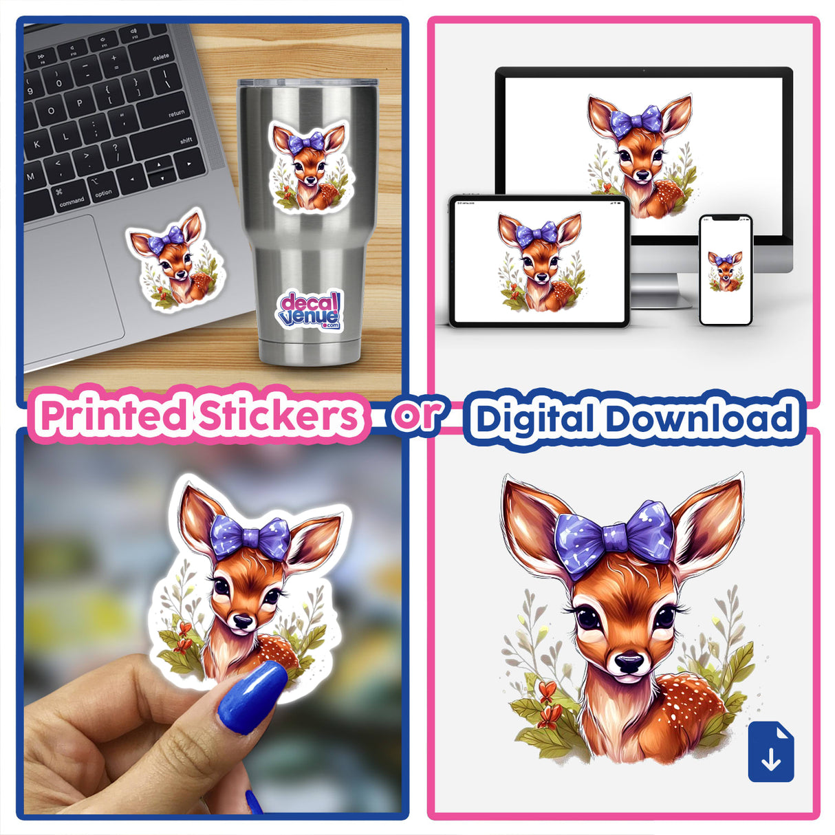 Collage of Fawn stickers and digital artwork, featuring various deer illustrations, including hand-drawn and cartoon styles, displayed on laptops, cups, and phone screens.