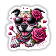 Sugar Skull Pink Roses Pitbull Dog illustrated with sunglasses and floral accents, available as stickers or digital artwork.