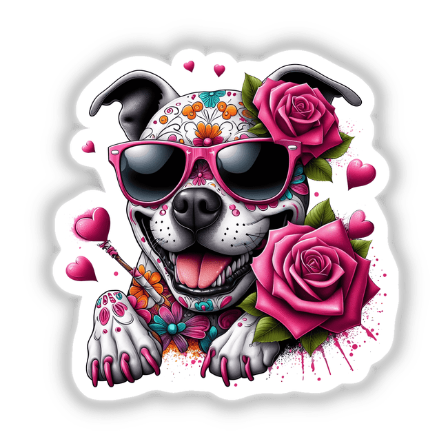 Sugar Skull Pink Roses Pitbull Dog illustrated with sunglasses and floral accents, available as stickers or digital artwork.