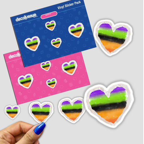 Striped Love sticker pack featuring heart-shaped designs, including a heart with a blue flower and white border, shown in a close-up with a hand for scale.