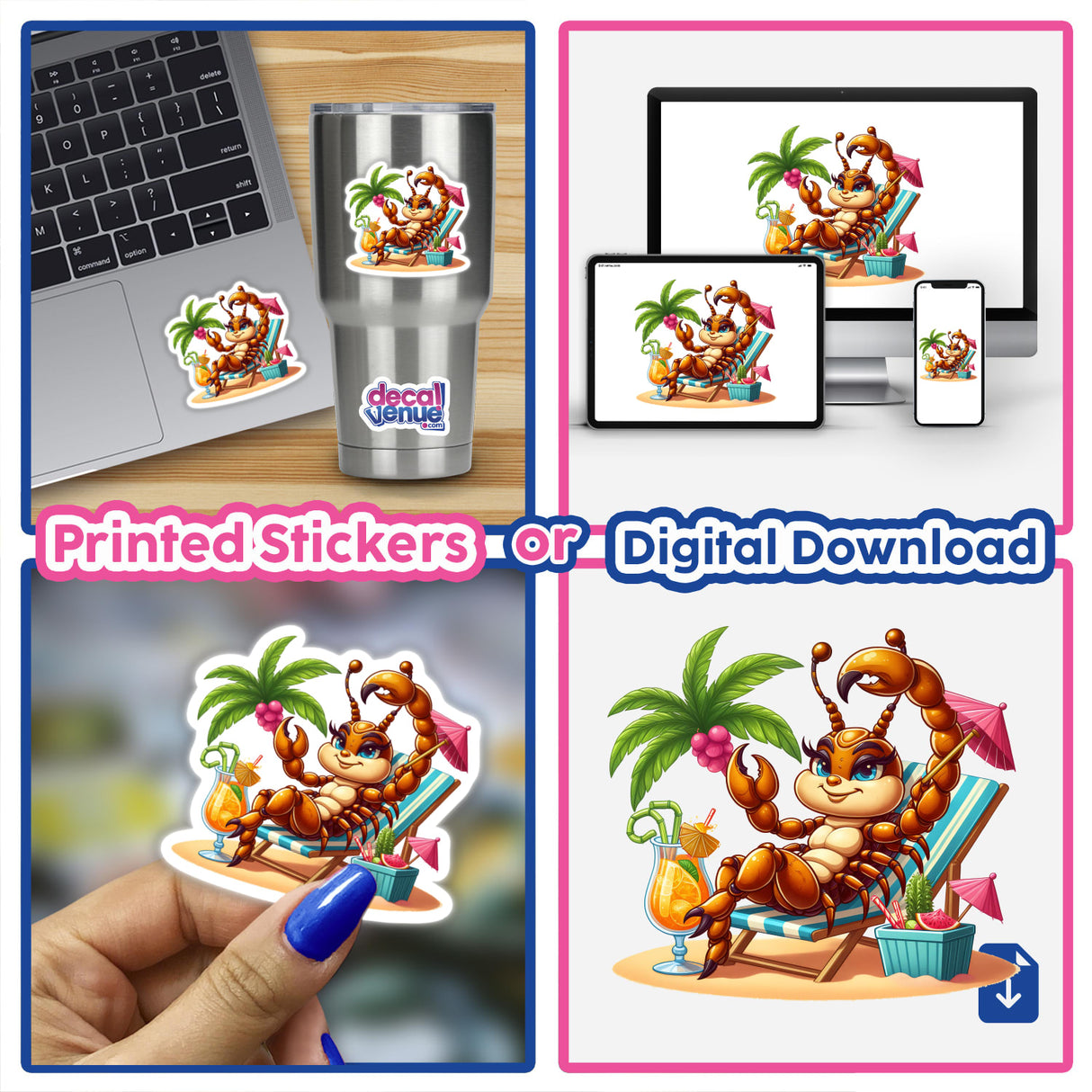 Scorpio Scorpion Girl at the Beach sticker featuring a cartoon scorpion lounging on a beach chair with a drink, available as stickers or digital artwork.