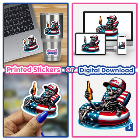 Collage featuring the product Skeleton American Flag Float Merica: skeletons in pool floats, a sticker of a skeleton with a beer, and close-ups of fingers and laptops displaying skeleton imagery.