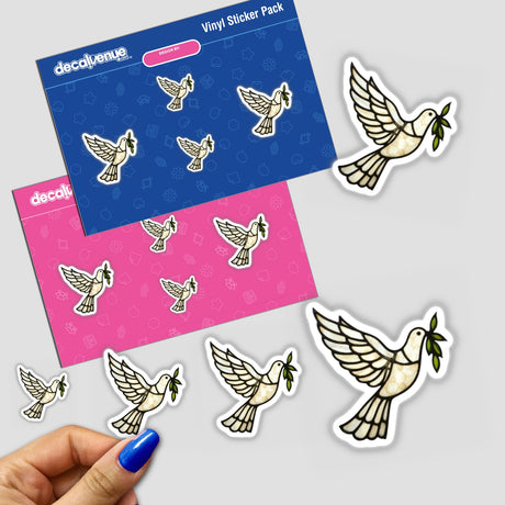 Stained Glass Dove Descending with Olive Branch Clipart; hand holds dove-themed stickers, showcasing product's artistic and commercial appeal. Available as stickers or digital artwork from Decal Venue.