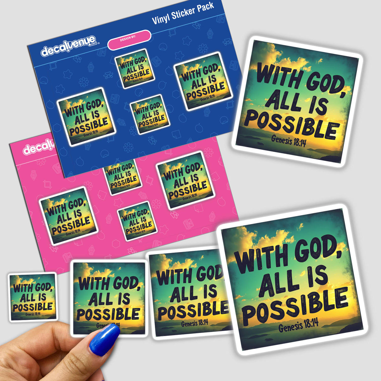 Hand holding the With God, All is Possible sticker, inspired by Genesis 18:14, showcasing its design as part of Decal Venue's unique Christian stickers and digital art collection.