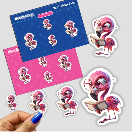 Flamingo With Reading Glasses Open Book sticker pack features a cartoon flamingo reading. Available as vinyl stickers or digital artwork, ideal for fans of unique designs from Decal Venue.