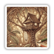 Enchanted Treehouse Hideaway illustration featuring a whimsical treehouse nestled in a tree, available as stickers or digital artwork.