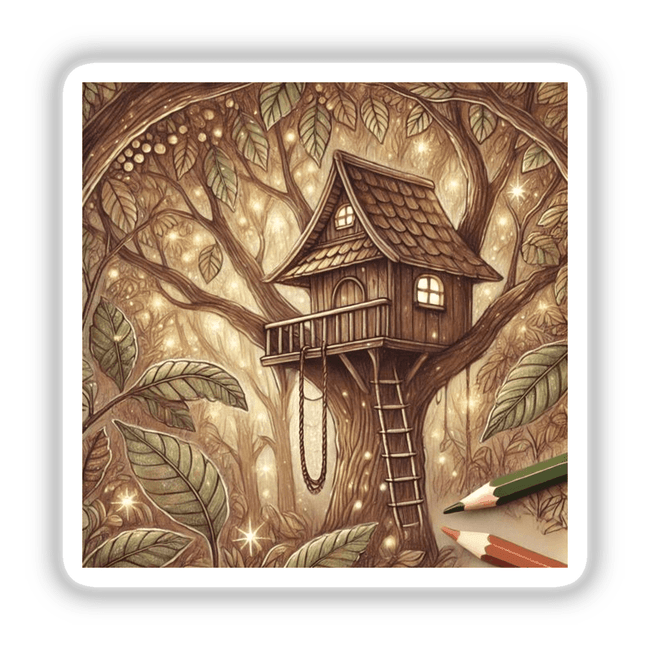 Enchanted Treehouse Hideaway illustration featuring a whimsical treehouse nestled in a tree, available as stickers or digital artwork.
