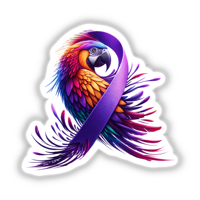Parrot Purple Ribbon Alzheimer's Awareness design, featuring a colorful bird with a purple ribbon, available as stickers or digital downloads for raising awareness and support for Alzheimer's.