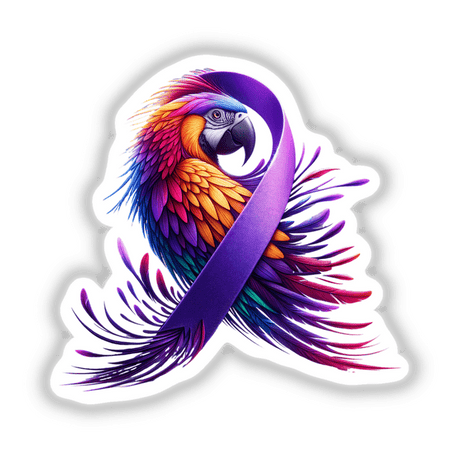 Parrot Purple Ribbon Alzheimer's Awareness design, featuring a colorful bird with a purple ribbon, available as stickers or digital downloads for raising awareness and support for Alzheimer's.
