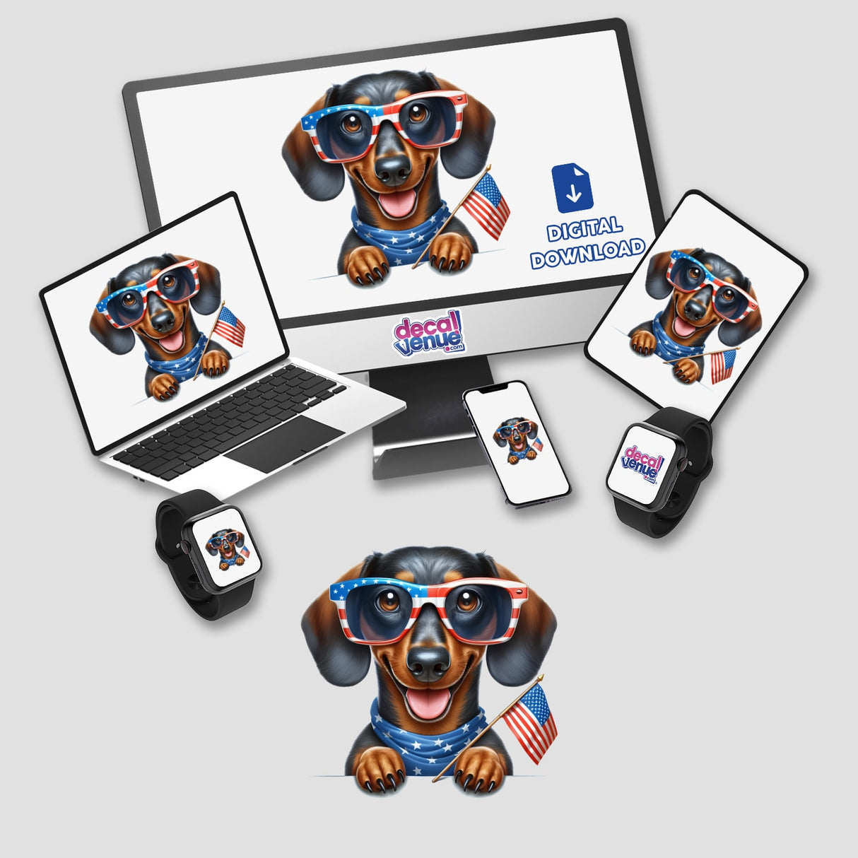 Patriotic Peeking Dachshund Dog featured as a sticker or digital artwork, showcasing a dachshund's head peeking with an expression that embodies charm and national pride, ideal for unique decor or digital use.