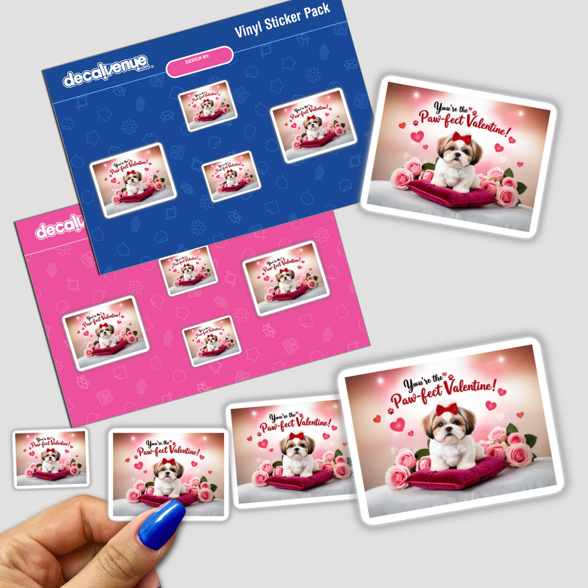 Shih Tzu Sticker and Clipart with Commercial Rights – Cute Dog Valentine’s Day Design featuring a Shih Tzu with a bow on a pillow, surrounded by roses and hearts, ideal for stickers or digital artwork.