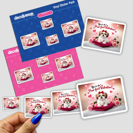 Shih Tzu Sticker and Clipart with Commercial Rights – Cute Dog Valentine’s Day Design featuring a Shih Tzu with a bow on a pillow, surrounded by roses and hearts, ideal for stickers or digital artwork.