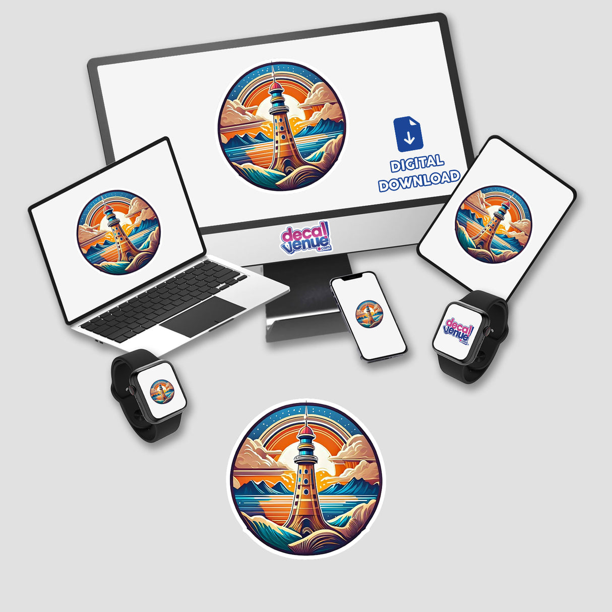 Vibrant lighthouse digital artwork on various digital devices from Decal Venue, an online store offering unique stickers and digital art.