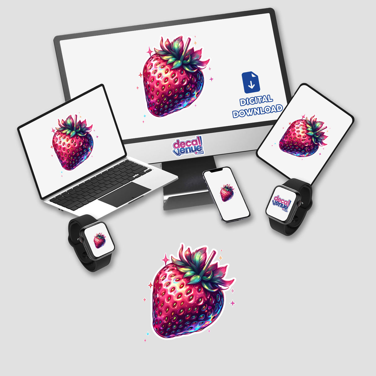 A strawberry design available as stickers or digital artwork, showcasing Decal Venue's unique, creative flair in vinyl decals and art.