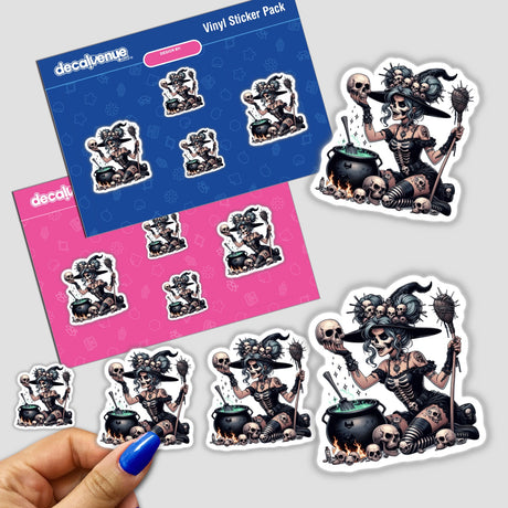 Hocus Pocus Skeleton Mama Witch sticker pack featuring cartoon characters with skulls, cauldrons, and brooms, available as stickers or digital artwork.