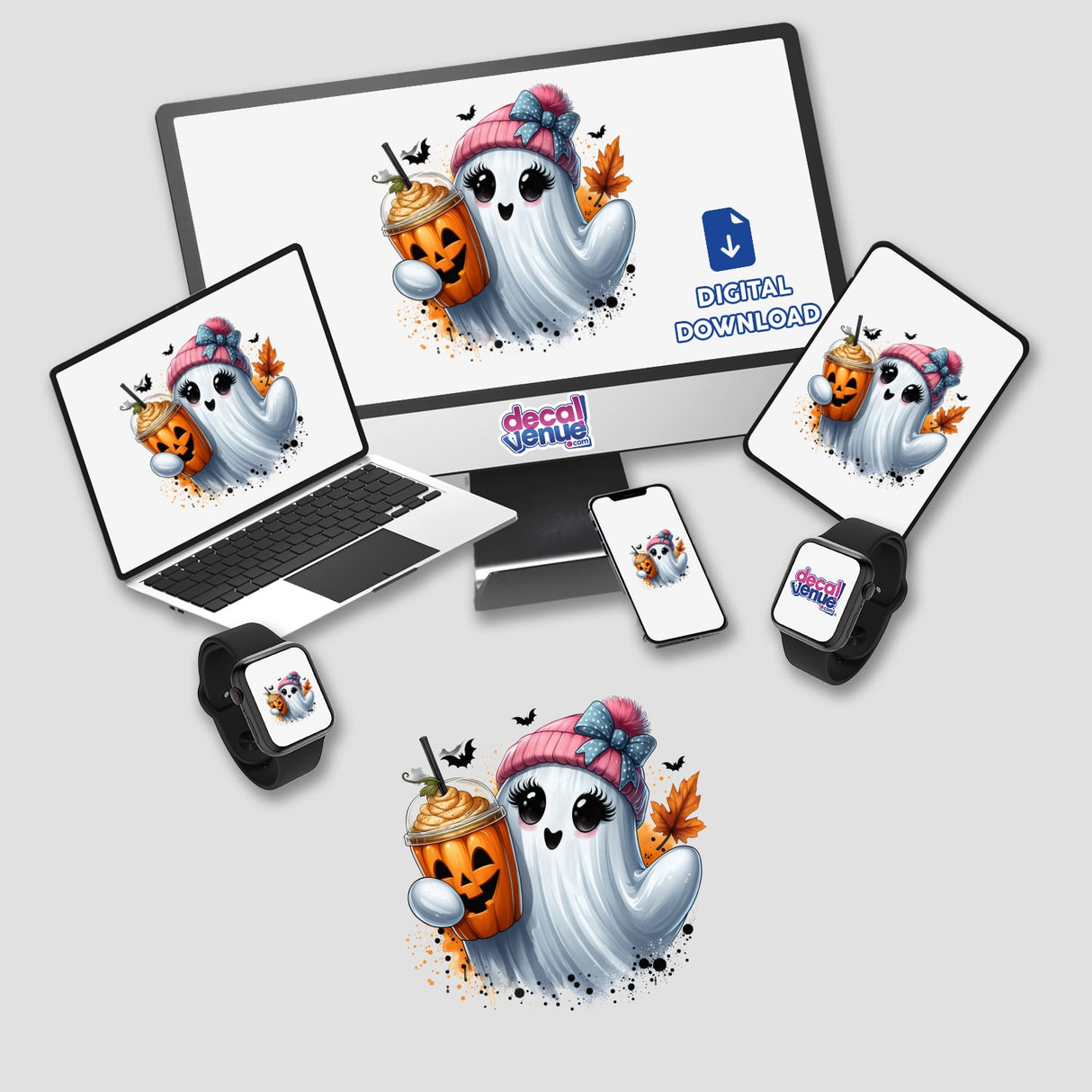 Cute Pink Beanie Pumpkin Spice Ghost depicted on a computer monitor and laptop screen, available as stickers or digital artwork.