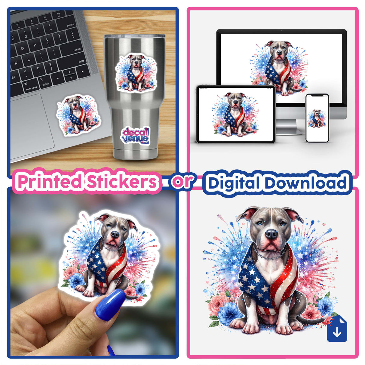 Patriotic American Pitbull Dog with Fireworks Art - Digital Artwork Available for Stickers or Download