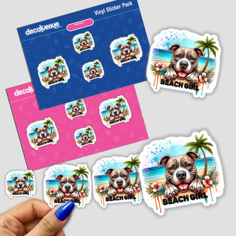 Colorful beach-themed stickers featuring a smiling pitbull dog, palm trees, and the text "Beach Girl" displayed on a product packaging from the Decal Venue store.