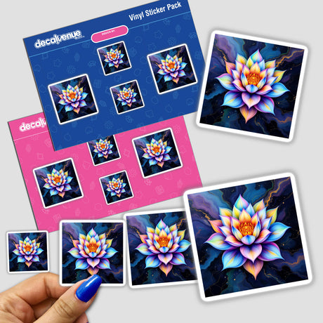 Lotus Flower Alcohol Ink Design stickers featuring vibrant floral patterns, showcased on a finger for scale. Available as unique stickers or digital artwork from Decal Venue.
