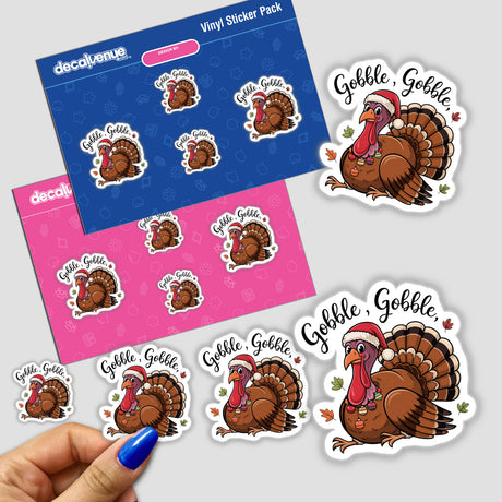 Sticker pack titled Happy Thanksgiving Gobble Turkey Bird featuring cartoon turkeys in hats, held in hand, available as stickers or digital artwork.