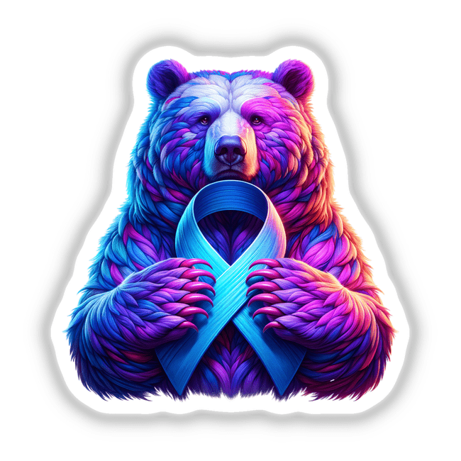 Bear Periwinkle Ribbon Stomach Cancer Awareness: A cartoon bear holding a blue ribbon with purple wings, available as unique vinyl stickers or digital artwork from Decal Venue.
