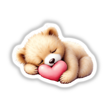Baby Bear Sleeping on a Heart: A teddy bear cuddles a heart, depicted in charming digital art, perfect as stickers or decor, embodying warmth and whimsy from Decal Venue's unique collection.
